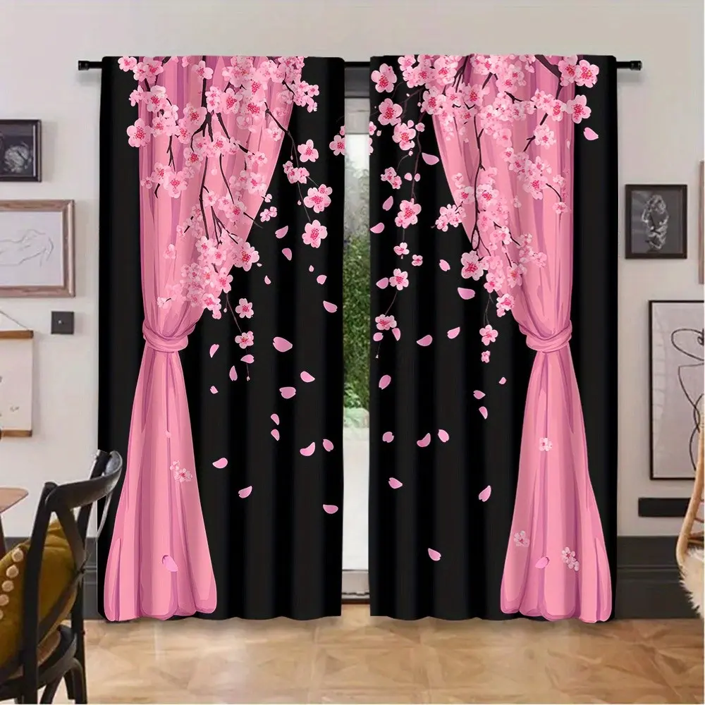 2pcs Cherry Blossom Drapes, Romantic Ready Made Curtains Floral for Bedroom, Japanese Tea Room, Sakura Theme Space, Spring Atmosphere Experience