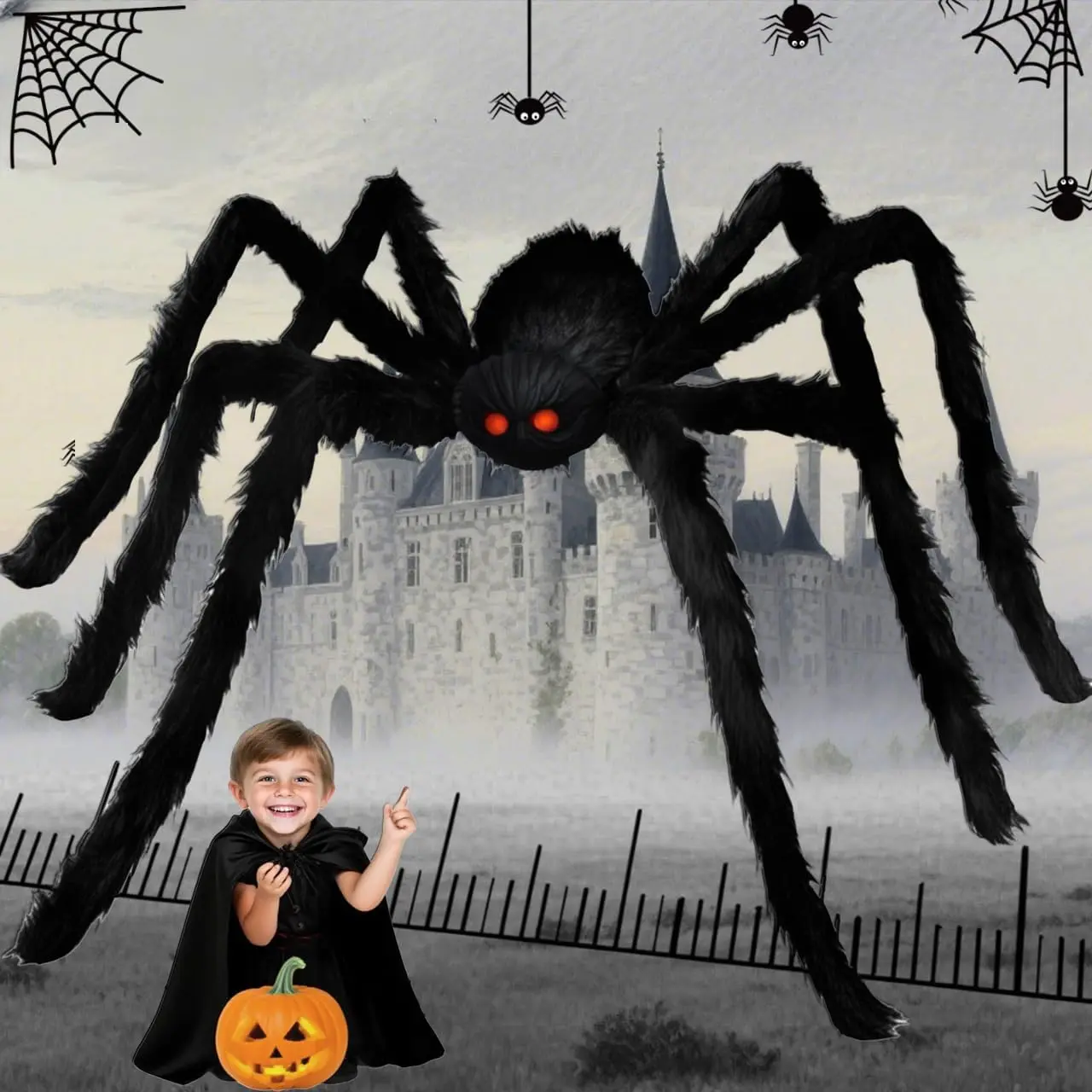 6.6 Ft (78 in) Scary Lightweight Giant Furry Spider Halloween Ornament, Metal-Wall-Mountable Indoor Outdoor Yard Home Party Decor, 1 Pack