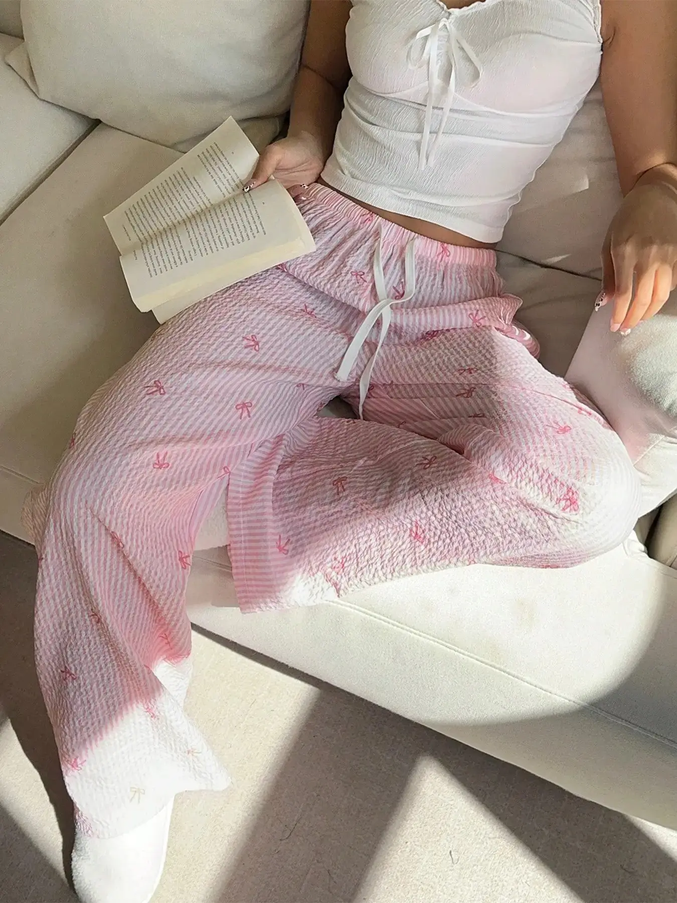 Women's Pink White Striped Bow Print Wide Leg Pants, Casual Elastic Waist Loungewear Homewear Nightwear Pajama Pants, Suitable For Home And Daily Wear