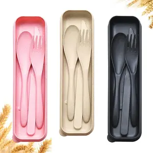 Reusable Travel Utensil Set with Case, 3 Sets Wheat Straw Portable Knife, Fork, Spoons, Cutlery, BPA Free Eco-Friendly Plastic Tableware