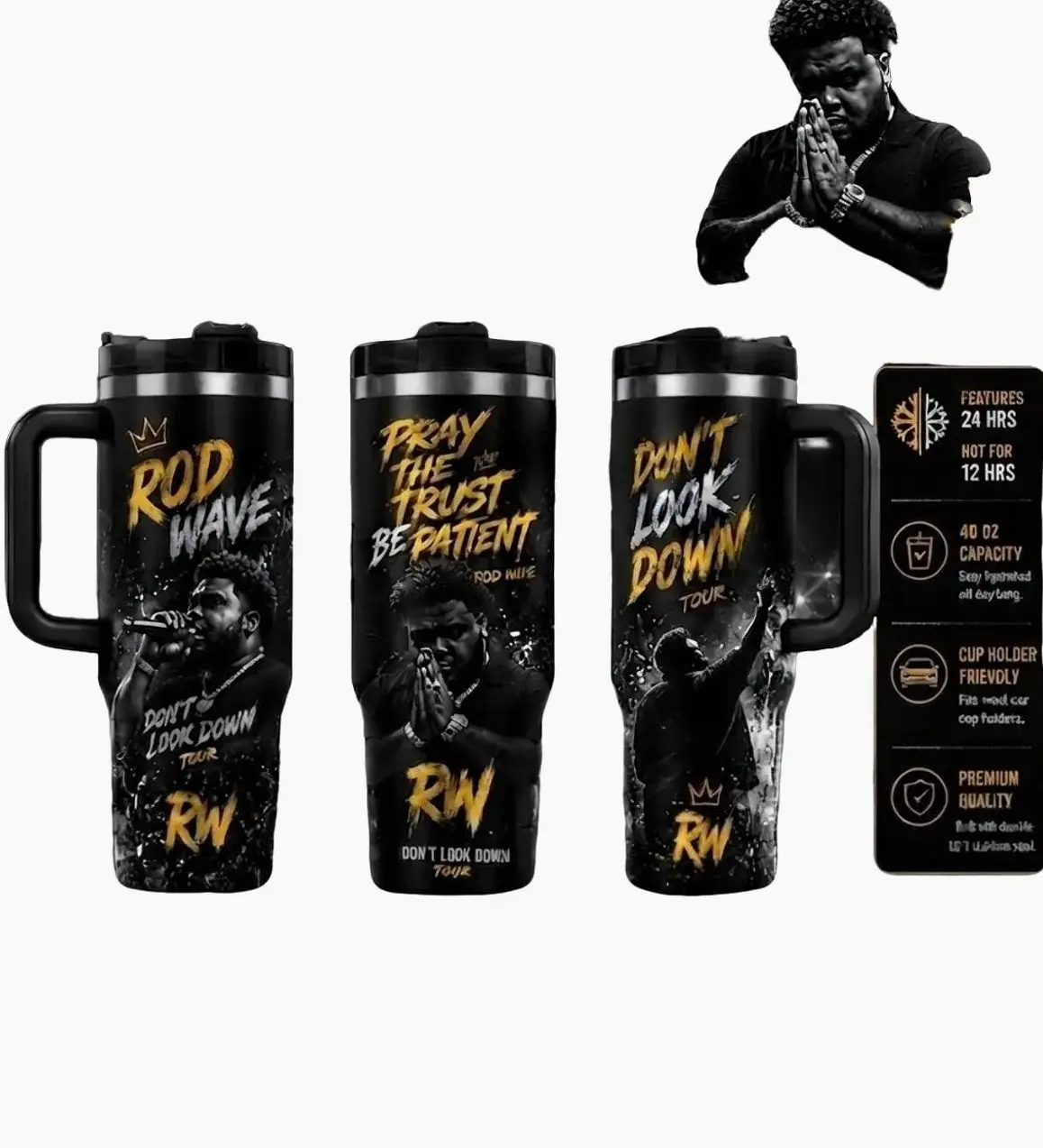 Rod Wave Don't Look Down Tour 2026 40 oz Insulated Stainless Steel Flask with Handle & Lid, Double-Wall Vacuum Insulation, Durable Printed Travel Mug, Concert Merch Gift for Fans & Family, Ideal for Commuting
