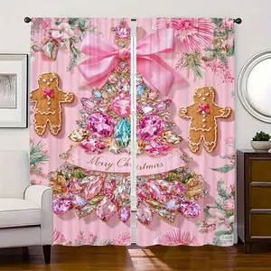 2D Flat 2Pcs Pink Christmas Tree & Gingerbread Man Printed Curtains, Pole Pocket Style, Semi Sunshade, Elegant Home Decor for Living Room, Bedroom, Balcony, Kitchen, Study and Shower Window, Festive Holiday Gift Decoration, Anti Privacy.