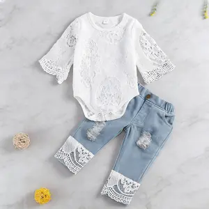 Baby Girls Summer Clothes Set Lace Hollow Out Long Sleeve Romper + Ripped Patchwork Jeans Infant Cute 2Pcs Outfits 2026 New Model
