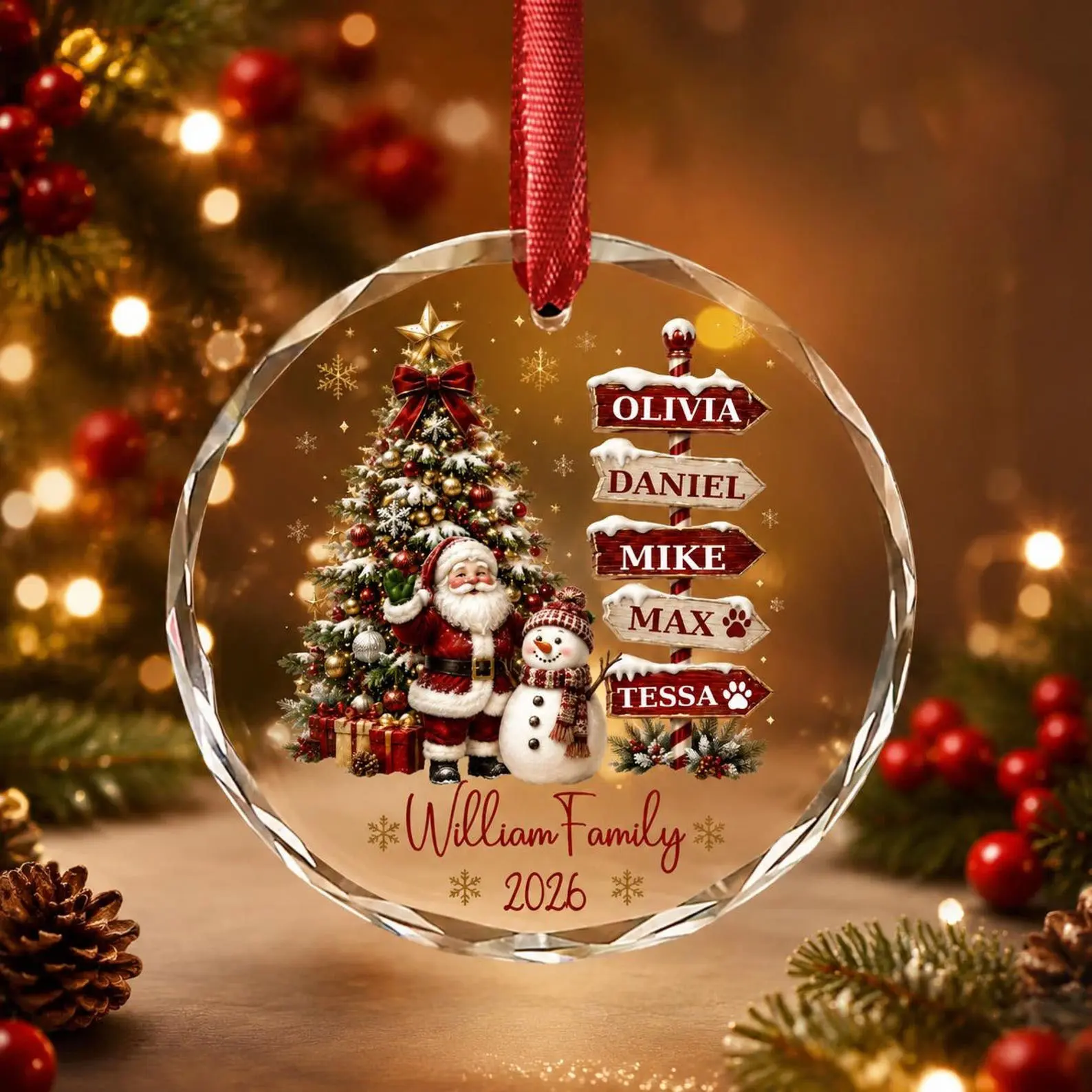 Personalized Family Christmas Ornament, Custom Names and Pets, Santa Snowman Holiday Keepsake 2026