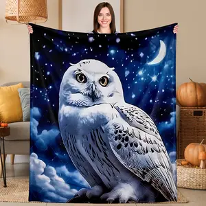 Snow Owl Throw Blanket, Flannel Blanket with Majestic Night Owl Design, Soft Cozy Warm Comfortable Lightweight Portable, Gift for Nature Lovers, Christmas, Birthday, Couch Bed Cabin Decor