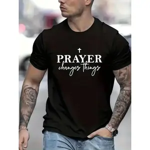 Round Neck Short Sleeve T-Shirt Front with "PRAYER Changes Things" Text And Cross Pattern Print. The Text And Religious Elements Convey a Sense of Faith And Positivity