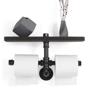 Industrial Toilet Paper Holders, Double Paper Tower Holder Wall Mount with Wood Shelf Storage for Bathroom, Washroom, Dual Toilet Roll Holder, Black Electroplated Pipe Holders