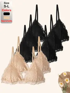 5pcs Sexy Lace Bra Thin Triangle Bralette Lingerie Wireless Women's Underwear Deep V with Backless Top Adjustable Fit Small Chest Bras