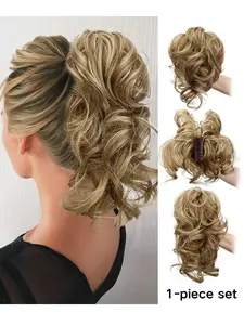 Claw Clip Short Ponytail Hair Extensions DIY Curved Metal Messy Bun Clips Women Wave Curl Synthetic Wig Pieces Salt and Pepper