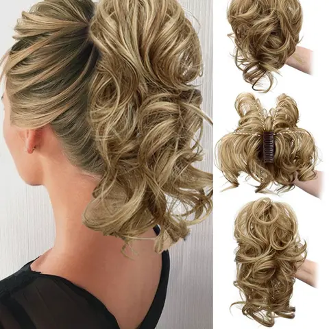 Claw Clip Short Ponytail Hair Extensions DIY Curved Metal Messy Bun Clips Women Wave Curl Synthetic Wig Pieces Salt and Pepper Synthetic Hairpieces