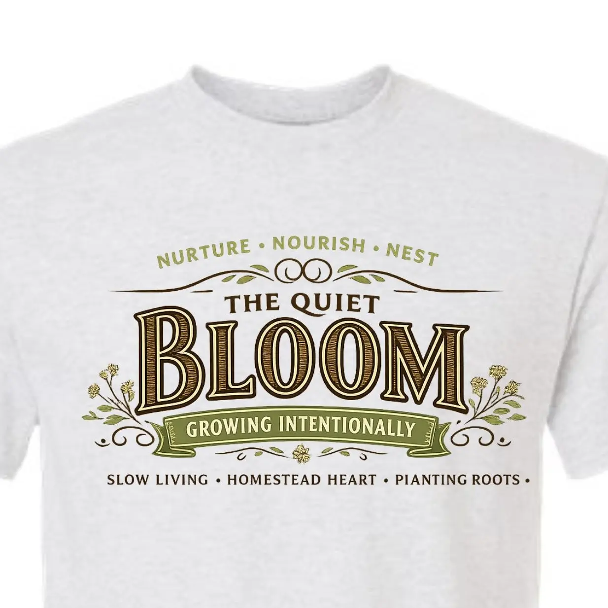 Women's The Quiet Bloom - Original Edition Slow Living Graphic Tee, Cottagecore Homestead Shirt with Kangaroo Pocket, Adjustable Ribbed Details, Available in Shortsleeve Tee, Pullover Sweatshirt & Hoodie