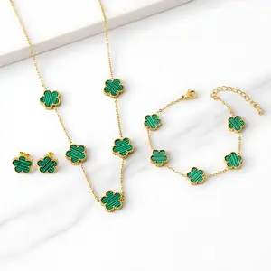 Stainless Steel Five Leaf Clover Green Necklace Bracelet Earrings Set for Women Durable Waterproof Non Tarnish Fashion Jewelry Perfect Birthday or Anniversary Gift Chain Bracelet Set