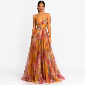 Watercolor Organza Cutout Waist Maxi Dress Flowy A-Line Spaghetti Strap V Neck Formal Gown Wedding Guest Boho Prom Evening Party Dress red carpet