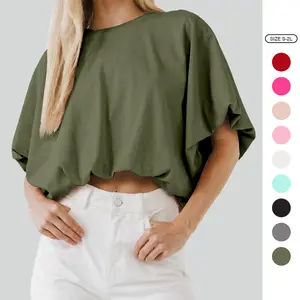 Imily Bela Women's Summer Crewneck Crop Tops Short Sleeve Casual Loose Cropped T Shirts