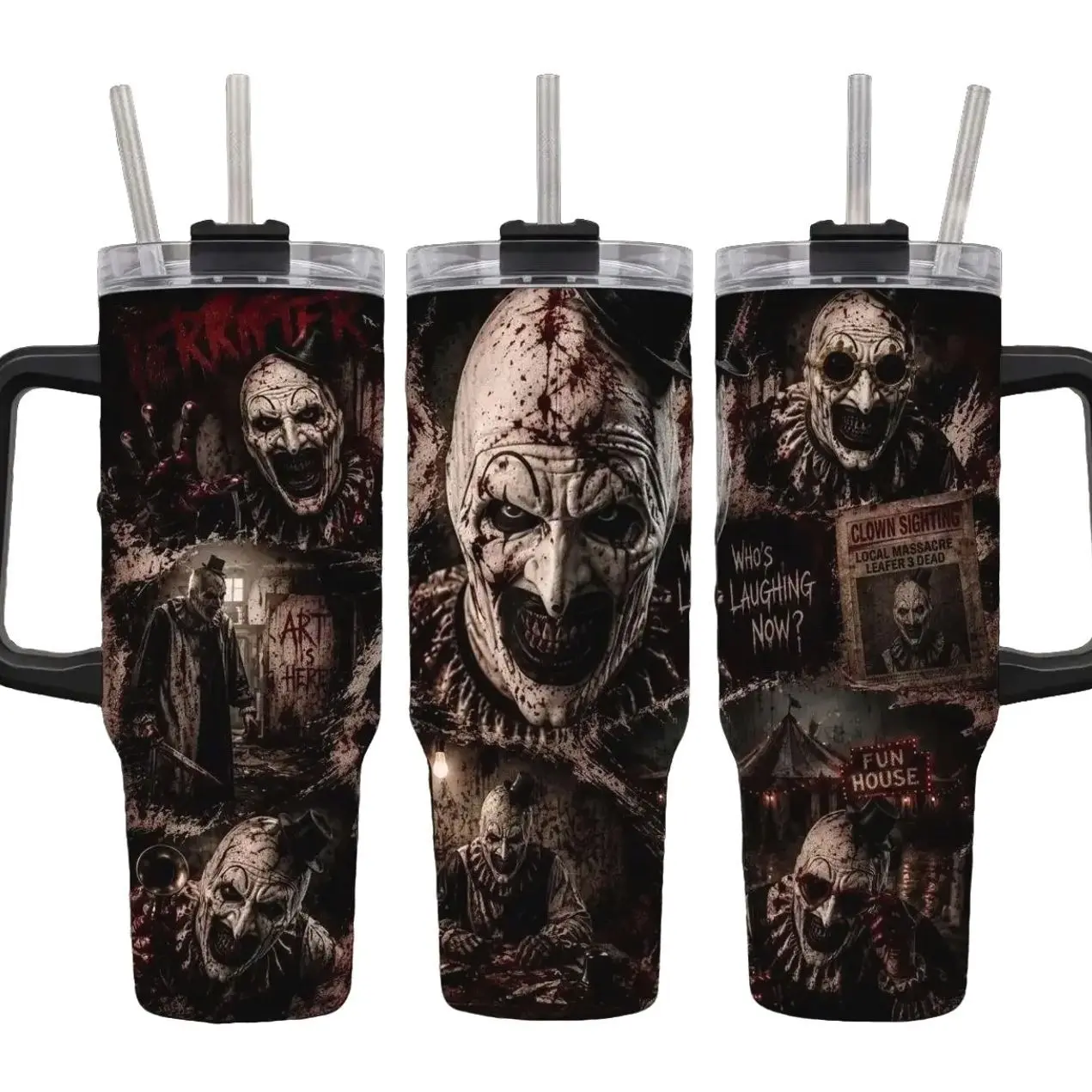 [MADE IN US] Vacuum Insulated Tumbler Terrifier Art The Clown with Lid and Straw - Stainless Steel Travel Coffee Mug Double Wall Hot & Cold Drink Cup Leakproof Portable