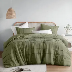 New Comfort Spaces Olive Green Queen Size Comforter Set - 3 Piece Pintuck Pleated Bedding Set (Shams)