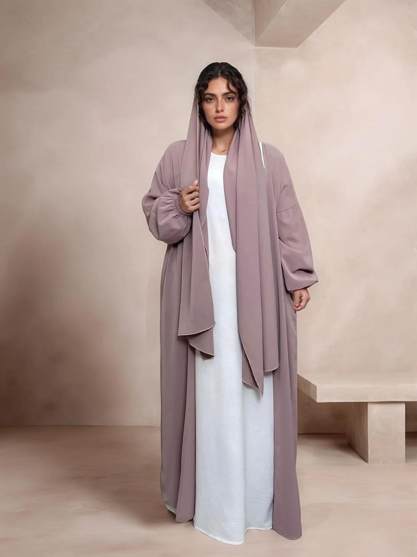Women's Solid Color Batwing Sleeve Open Abaya with Hijab, Casual Long Sleeve Coat for Daily Wear, Ladies Islamic Clothing for All Seasons