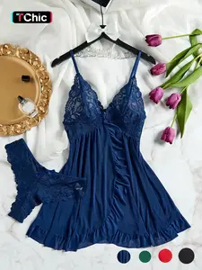 Women's Floral Lace Cut Out Mesh Cami Nightdress & Bow Thong Sleepwear Set, Elegant Sexy Backless Wrap Ruffle Hem Nighty Dress & Panty Set, Women's Sexy Sleepwear