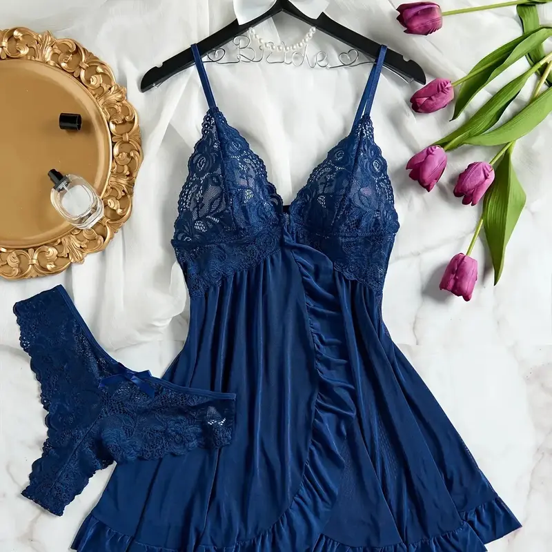 Women's Floral Lace Cut Out Mesh Adjustable Cami Nightdress & Bow Thong Underwear Sleepwear Set, Elegant Sexy Chic Backless Wrap Ruffle Hem Nighty Dress & Panty Set, Women's Sexy Sleepwear, Elegant Nightwear