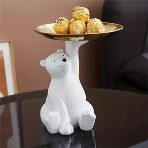 1Count White Polar Bear Resin Tray  Modern Bohemian Style Smooth Finish Lightweight Deskp Decor with Sitting Polar Bear Design Sturdy Round Base Multi-Functional Serving Tray for Home Office Bedroom Living Room Holiday Decor Christmas Valentine' Ornaments