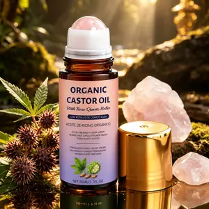 Organic Castor Oil Roll-On with Rose Quartz Roller, Cold-Pressed Beauty Oil for Hair, Scalp, Brows, Lashes, Nails & Dry Skin Care, 50ml