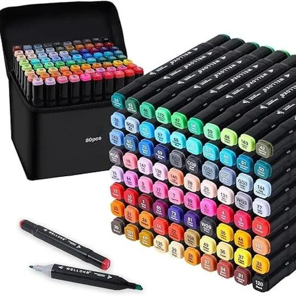 80-Color Alcohol Markers Set - Dual-Tip Professional Permanent Art Markers with Blender, Fine Tip for Sketching, Coloring - Office Stationery Writing Tools, Cool Gifts for Kids & Adults