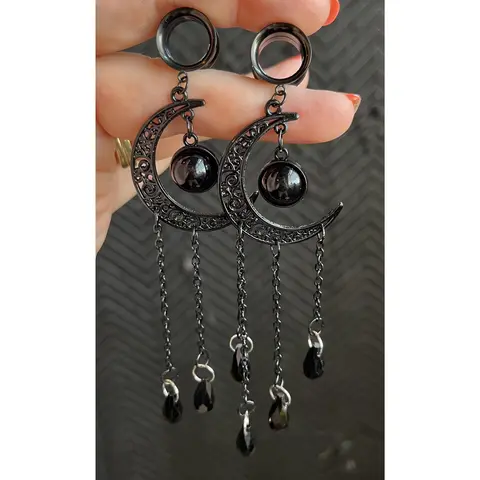 PAIR of Unique Black Filigree Moon Dangle Internally Threaded  Dangle Screw Fit Tunnels -Only 22mm Left In Stock!