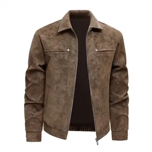 Men’s American vintage distressed faux suede jacket with lapel, workwear style, casual versatile flight jacket