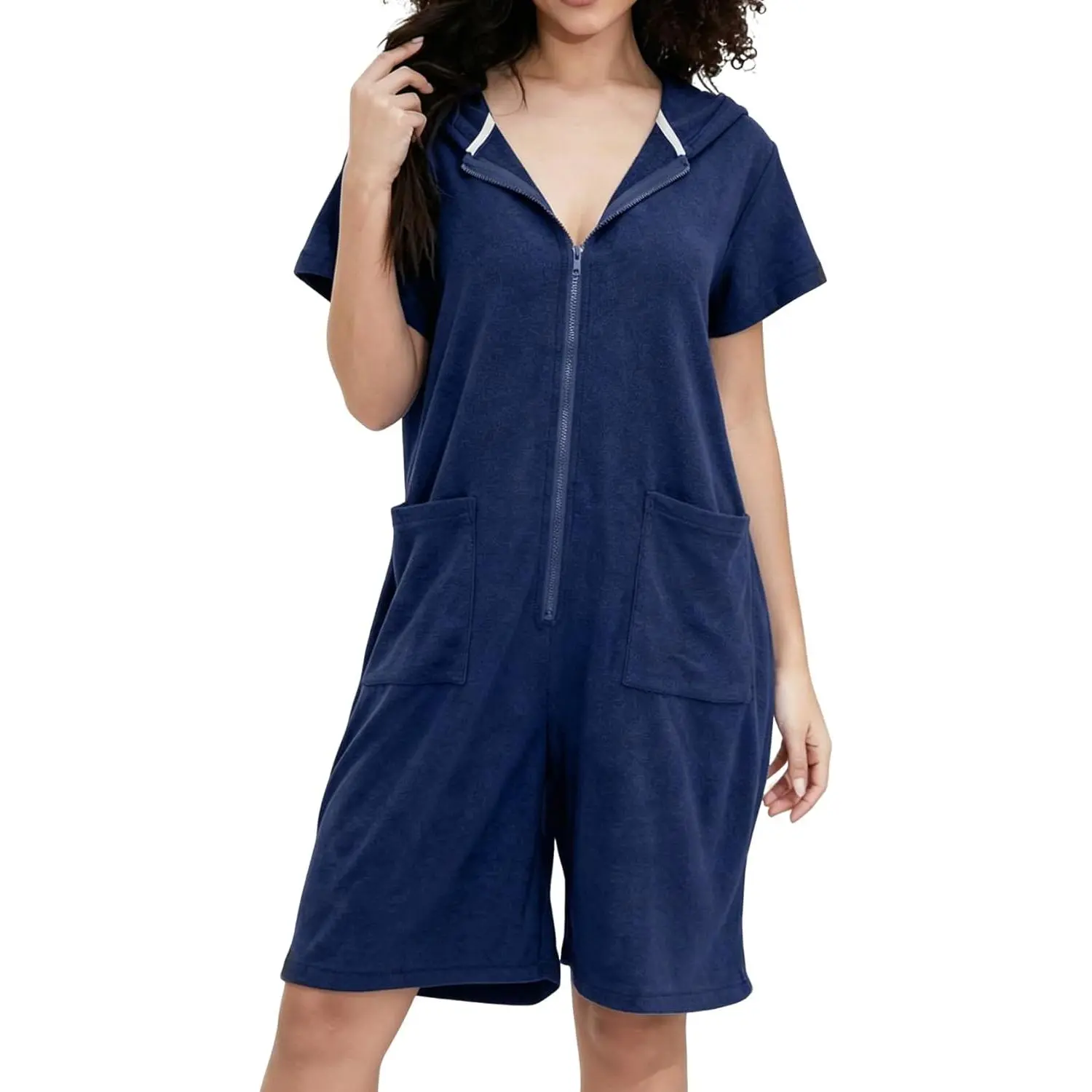 Women's Terry Cloth Romper Overalls, Lightweight Short Hooded Jumpsuit for Everyday Beach Wear with Pockets, Pockets Added, Quick Dry, Romper Look