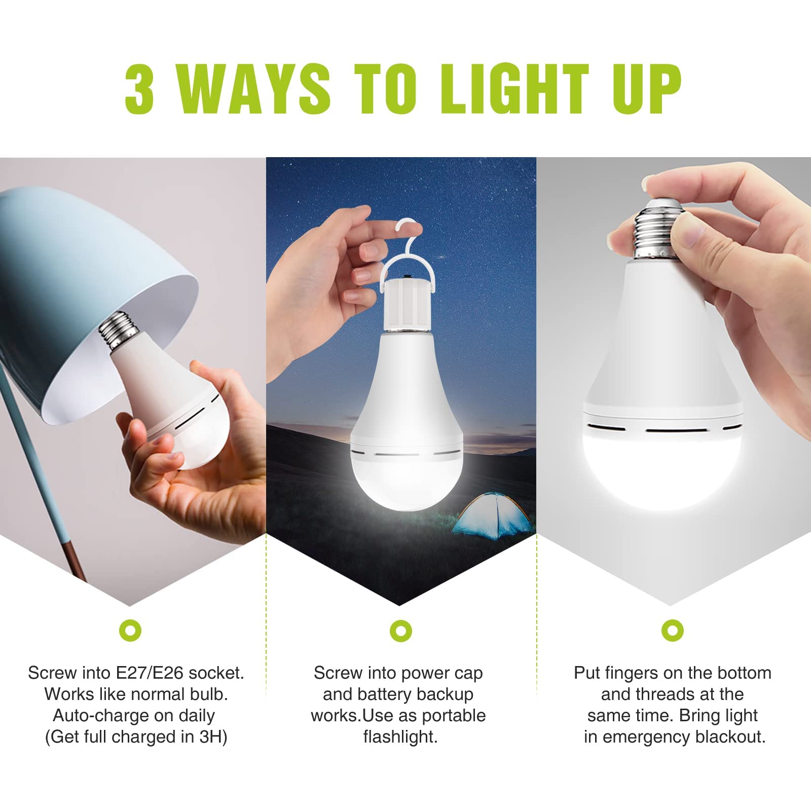 6PK Rechargeable Emergency LED Light Bulb, 12W 6500K Daylight, Battery Backup Lamp Stay Lights Up During Power Outage for Home Camping multifunctional tool