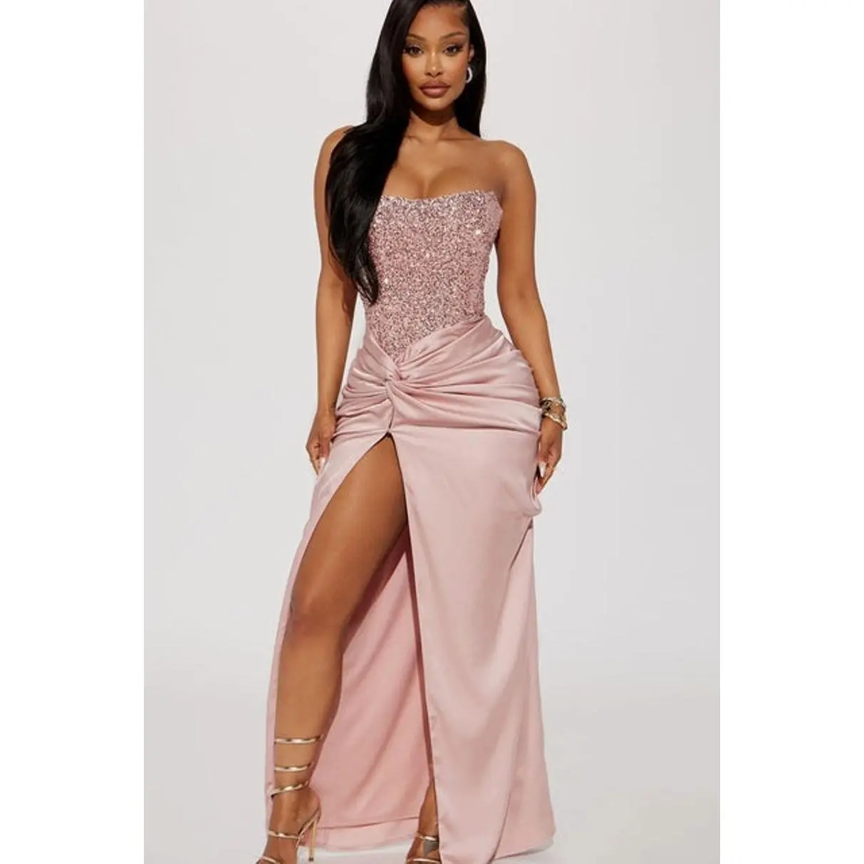 Clara Sequin Satin Gown - Pink