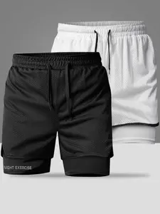Two Men's Sports Shorts - Casual Sporty Style with Double-Layer Design, Inner Layer Conforms and Supports, Outer Mesh Layer Breathable, Drawstring Waistband for Flexible Adjustment, Side Details Simple and Clean. Ideal for Daily Night Runs, Unrestricted M