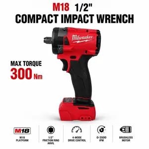 Milwaukee M18 Brushless 1/2" Cordless Impact Wrench FIW212 for Heavy Duty Mechanical Assembly Power Tool features Compact 13cm Frame and Responsive 4-Mode Control System Kit with High-Capacity XC6.0 Pack