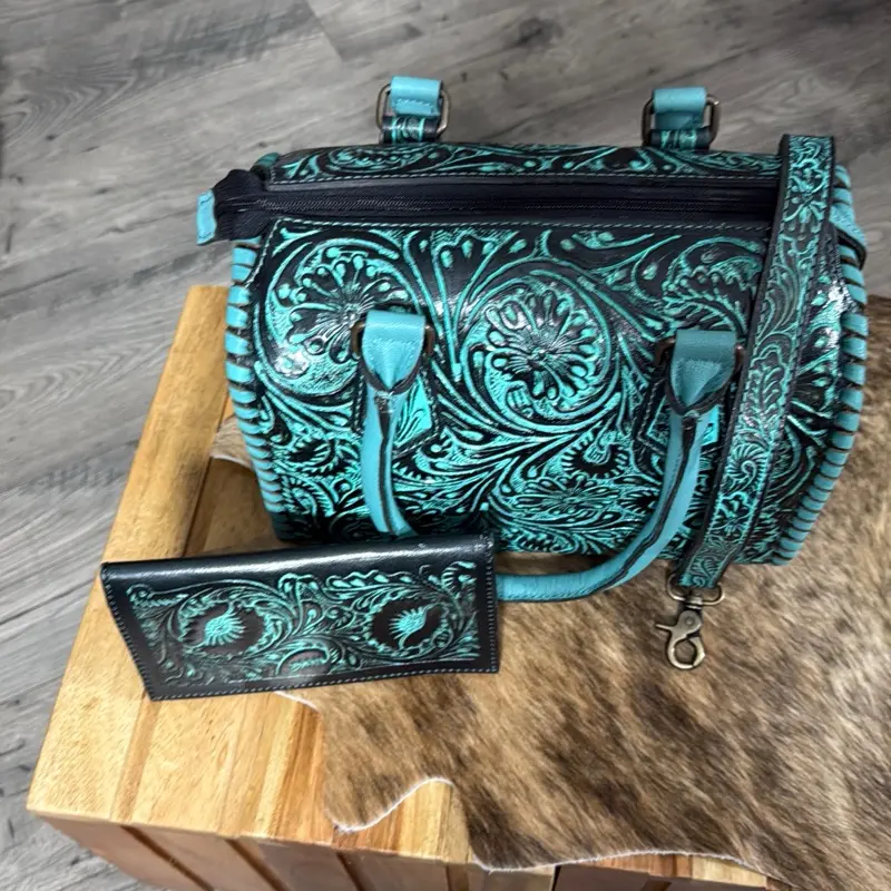 Turquoise  and black tooled leather medium speedy handbag and wallet