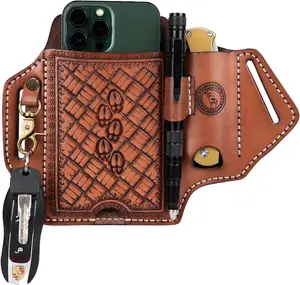 Tourbon Leather Cell Phone Holster with Belt Loop Case Tool EDC Folding  Sheath Pencil Slot Holder Key Clip for Men, Brown