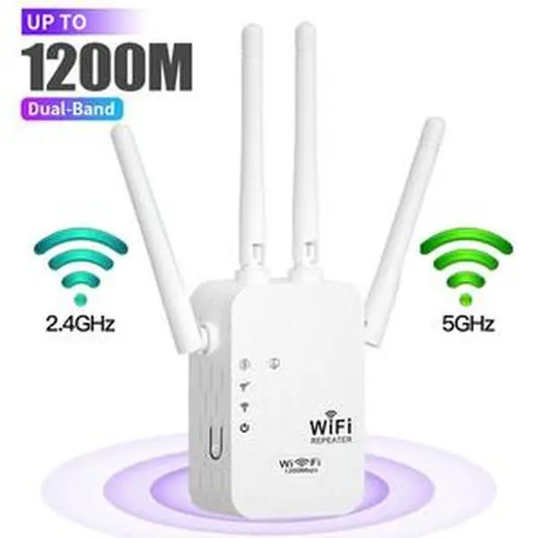 Dual Band WiFi Signal Booster Repeater 2.4GHz & 5GHz for Enhanced Network Coverage Stability Easy Install Home Office Use 1200M Range