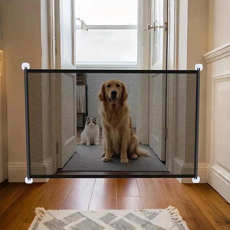 Heavy Duty Pet Security Gate with Hooks Insulated Foldable Breathable Mesh Dog Barrier Fence Indoor/Outdoor Use Mirror Door