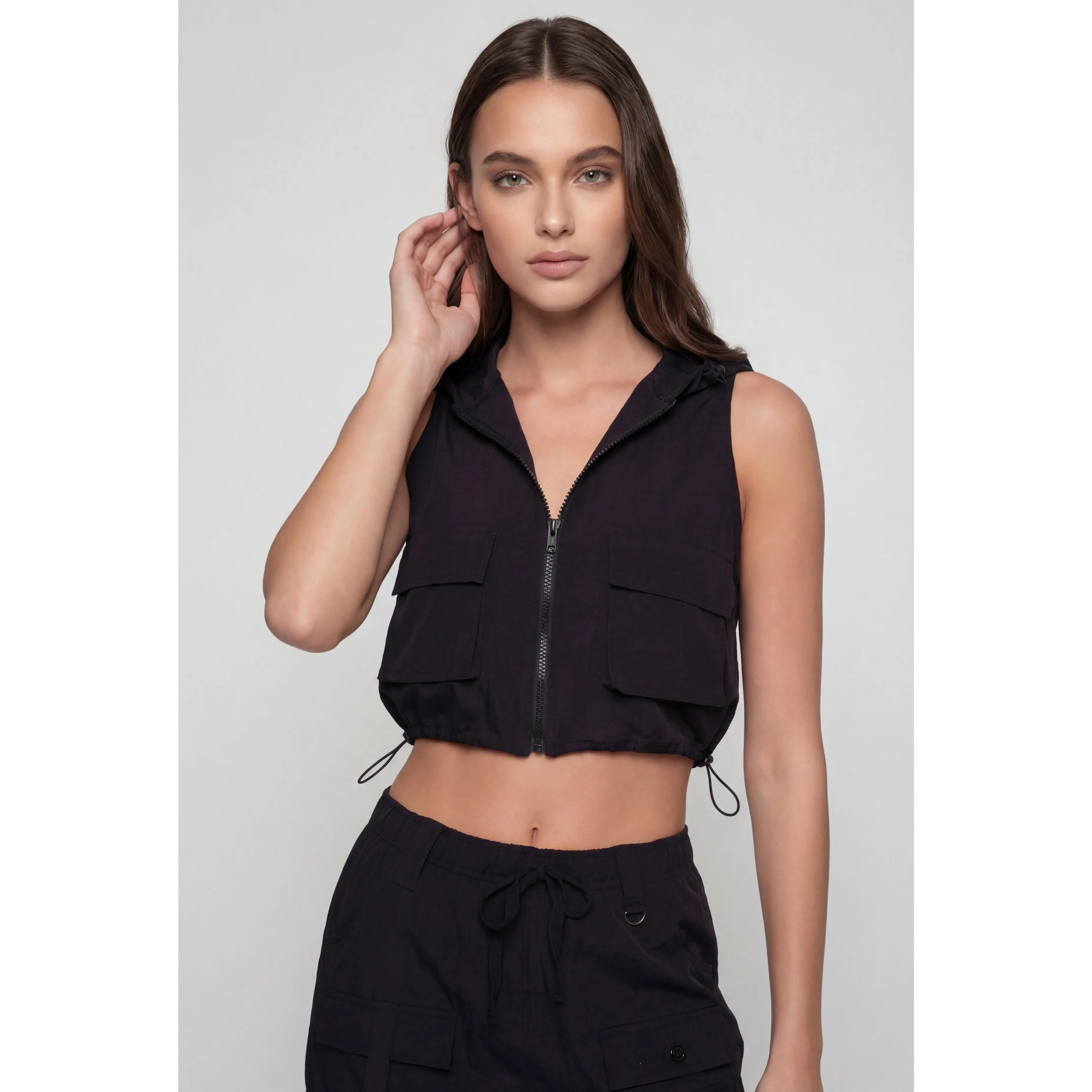 Toggle Crop Hooded Windbreaker Vest