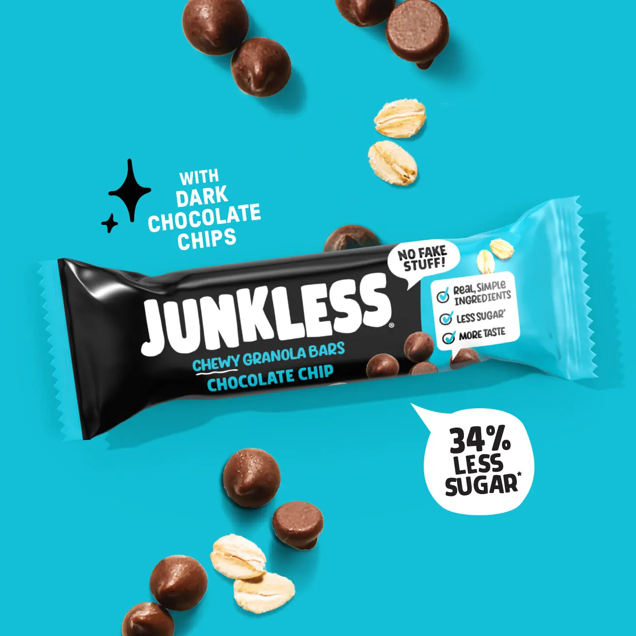 JUNKLESS Chewy Granola Bars Chocolate Chip (12 ct) - Simple Ingredients Less Sugar Gluten Free No Fake Stuff
