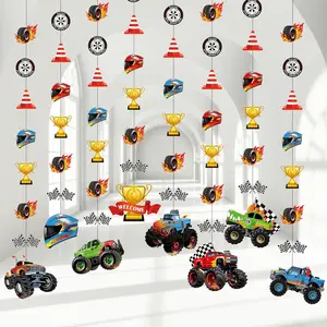 P-PSD016   8 Pcs Truck Party Decorations Monster Truck Hanging Garlands Streamer Cutouts Race Car Theme Birthday Banner Backdrop for Boy Car Baby Shower Party Supplies Home Wall Ceiling Decor