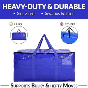 4-Pack of Extra-Thick, Large Zipper Moving Bags with Reinforced Handles - PE Storage Bags, 65-Liter Capacity (24 Gallons) (90 Liters Each) - Foldable College Dorm Storage Bags, Ideal for Home Use, Clothing and Bedding, Office, Moving, and Storage (Blue)