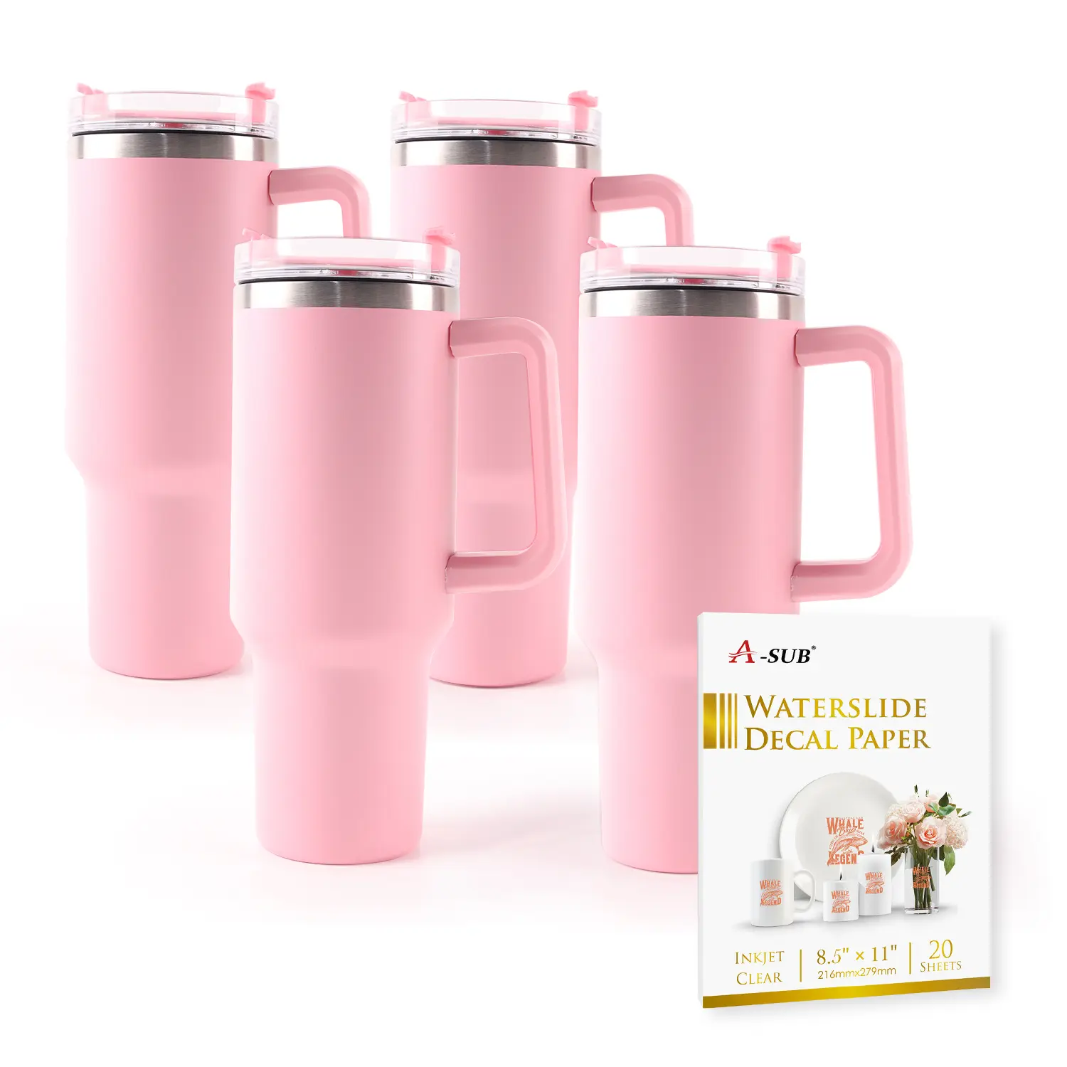 A-SUB Clear Waterslide Decal Paper 20 Sheets & 4-Pack 20OZ Pink Tumblers with Handle for UV DTF Printing DIY Crafting Custom Gifts
