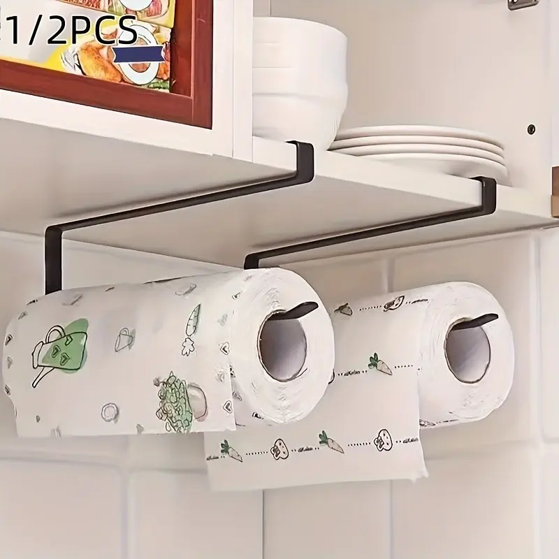 1/2pcs Modern Kitchen Tissue Rack, Perforated Wall Hanging Roll Rack, Multi-function Storage Organization, Kitchen Cabinet Hanging Roll Paper Rack Rag Oil-absorbing Paper Plastic Wrap Hanger Kitchen Storage Rack