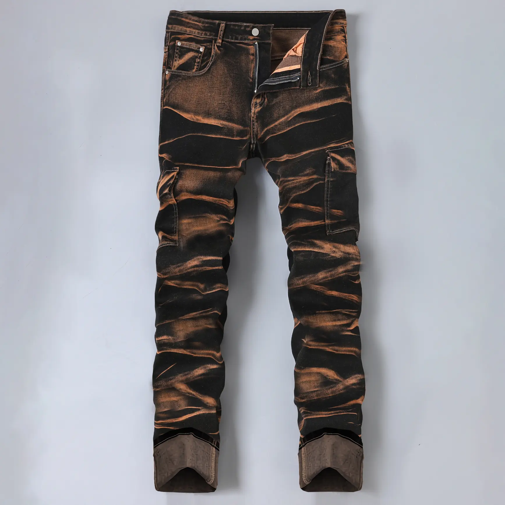 Soft Stretch Rust Wave Fade Dual Cargo Pocket Skinny Denim Pants Daily Club Trend Bottoms