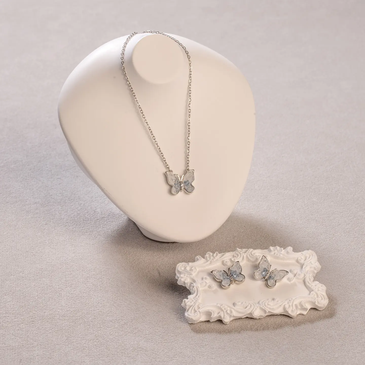 Ethereal Ice Blue Butterfly Jewelry Set | Silver Tone Copper Alloy Necklace & Earring Set | Marbled Faux Stone Pendant | Fairycore Coquette Accessories | Dainty Gift For Her