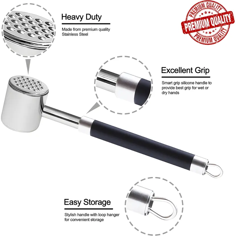Stainless Steel Meat Tenderizer Hammer - Heavy Duty, Durable, for Tenderizing Flattening Steak, Beef, Chicken, Pork & Poultry Kitchen Cooking Utensil