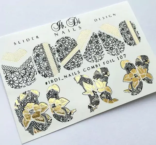 IBDI Combi Foil abstract flower gold and black nail decals / sliders #Combi Foil 107