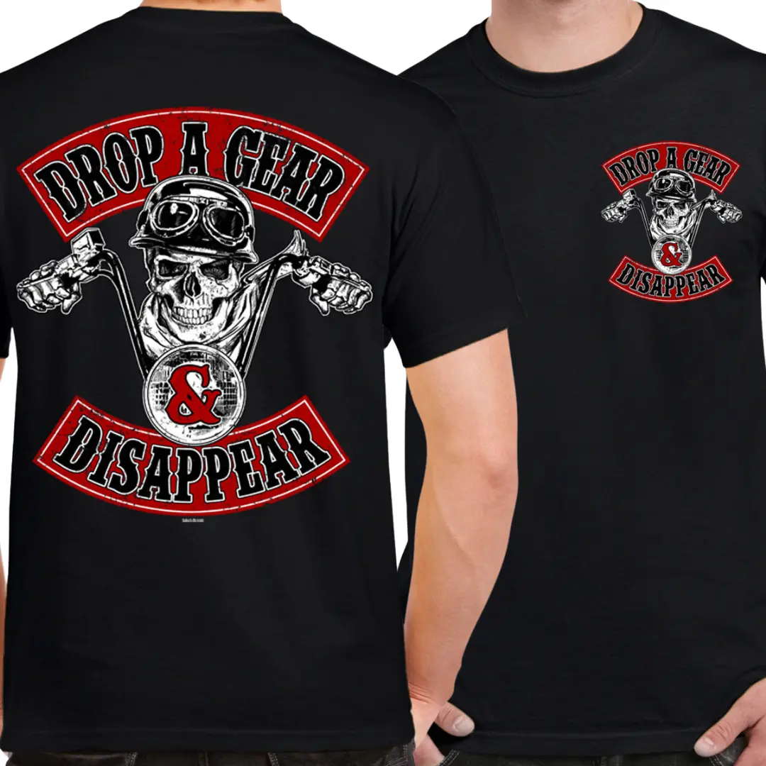 Drop A Gear & Disappear T-Shirt, Biker Skull Motorcycle Club Graphic Tee, Soft Cotton Blend Shirt, Rebellious Rider Apparel for Men, Road Trip Gift Idea