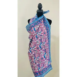 Women Pareos 100% Cotton, Floral Kalamkari, Batik Indian Hand Block Print Swimwear Sarongs & Cover-Ups, (114 CM X 190 CM)