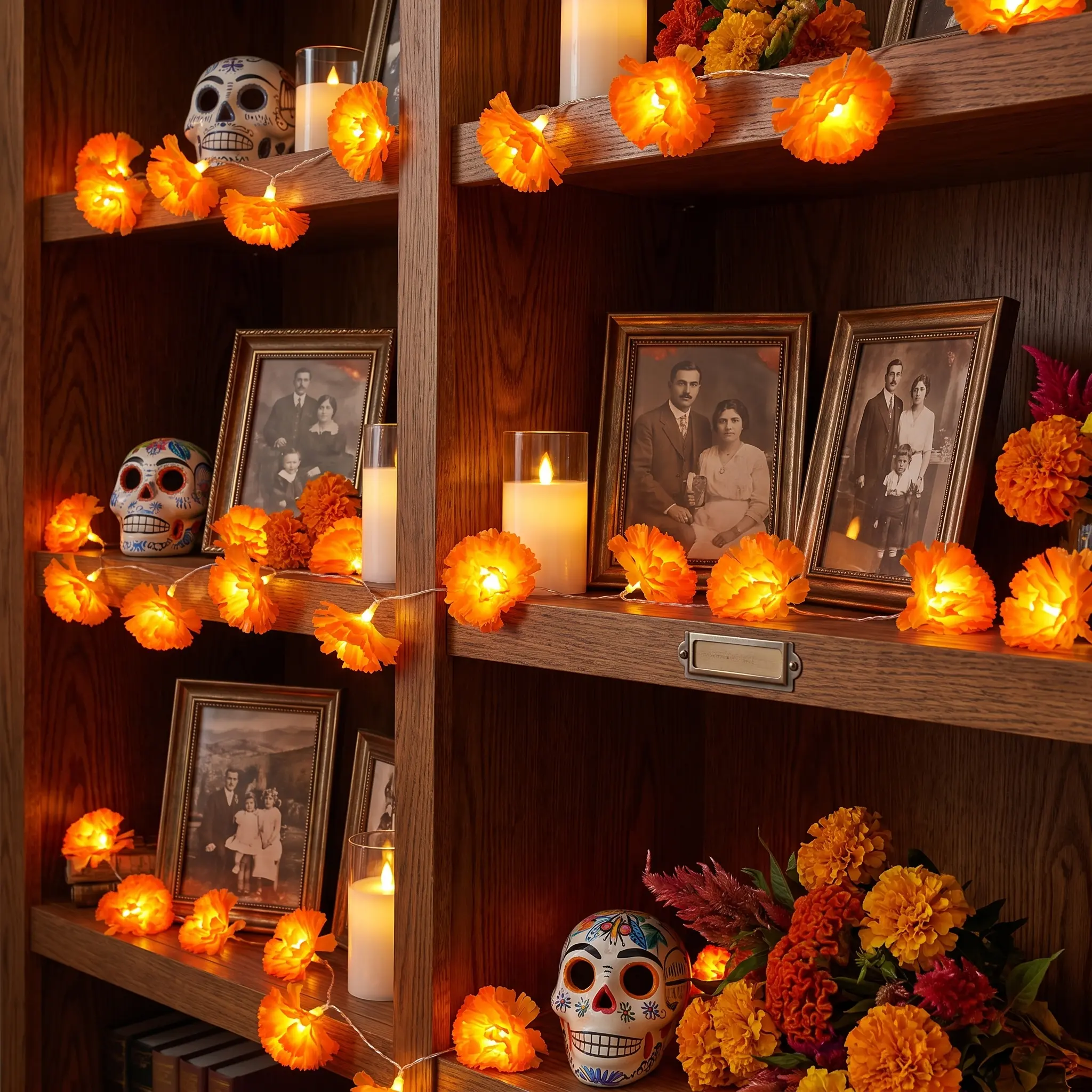 【Back to School】3m Mexican Marigold Flower String Lights, 20 Flashing Orange LED Cempasuchil Style Garland, Battery Powered Day of the Dead Altar Halloween Fall Decor-MM1